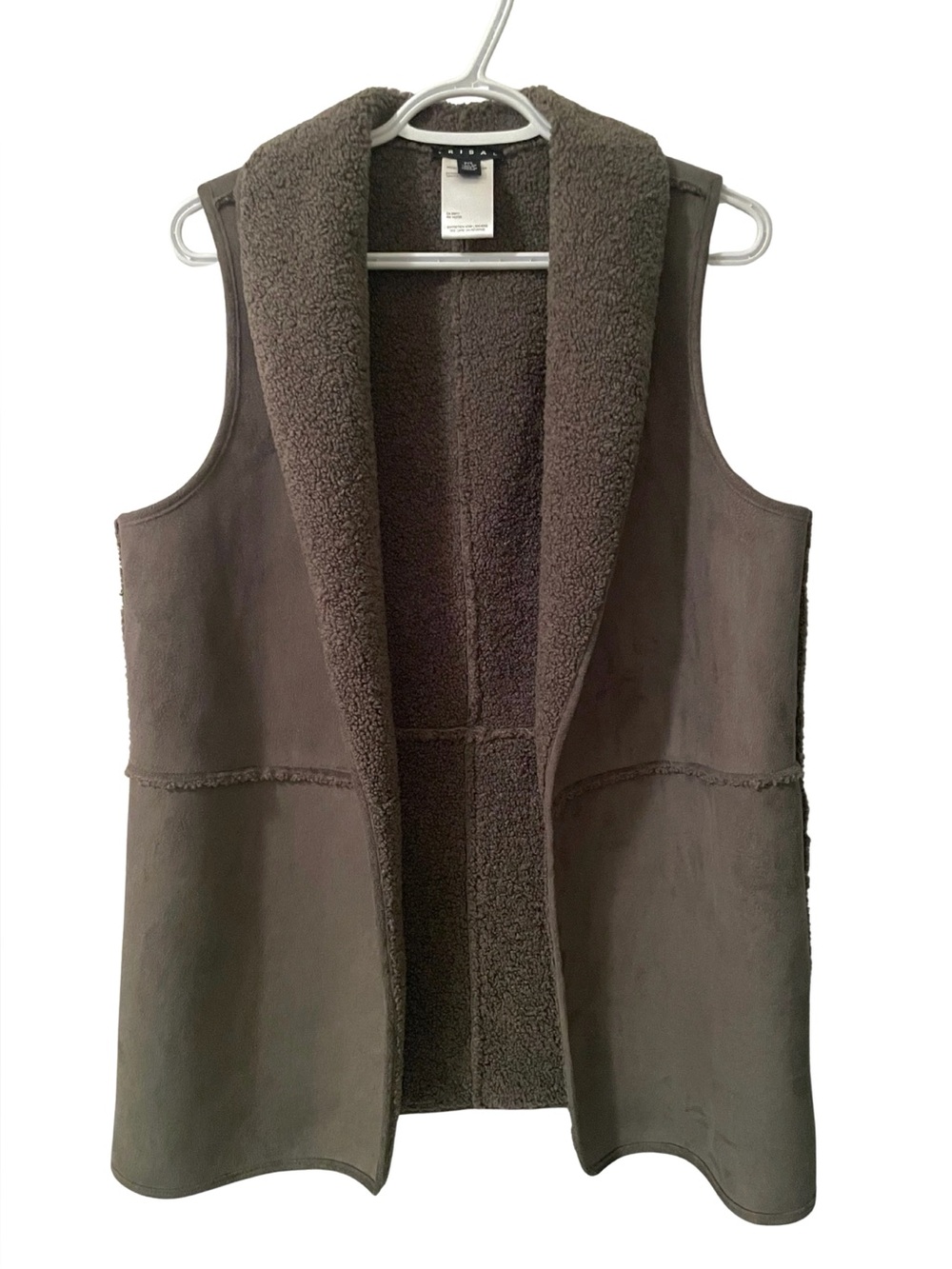 Tribal Faux Shearling Sherpa Open-Front Drape Vest -tornado/thyme (earthy olive)